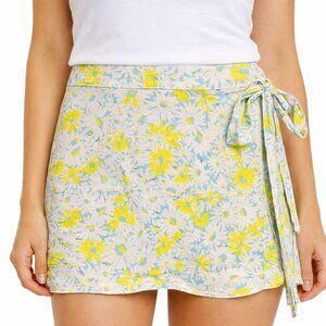 NWT Chaser Fleet Floral Rayon Wrap Mini Skirt Adjustable Tie Blue/Yellow/White M
